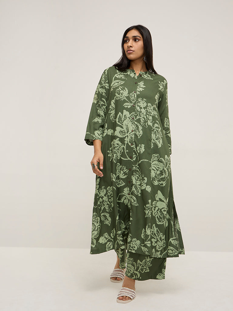 Diza Olive Floral Pattern A-Line Kurta