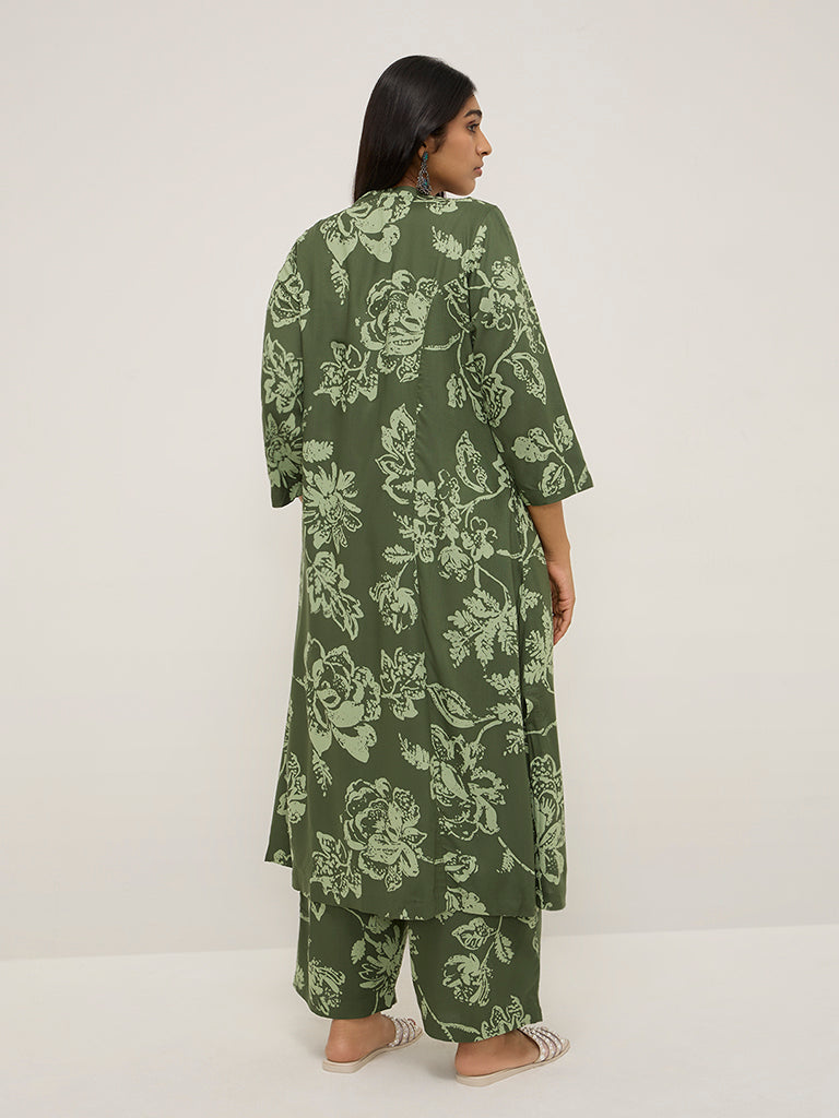 Diza Olive Floral Pattern A-Line Kurta