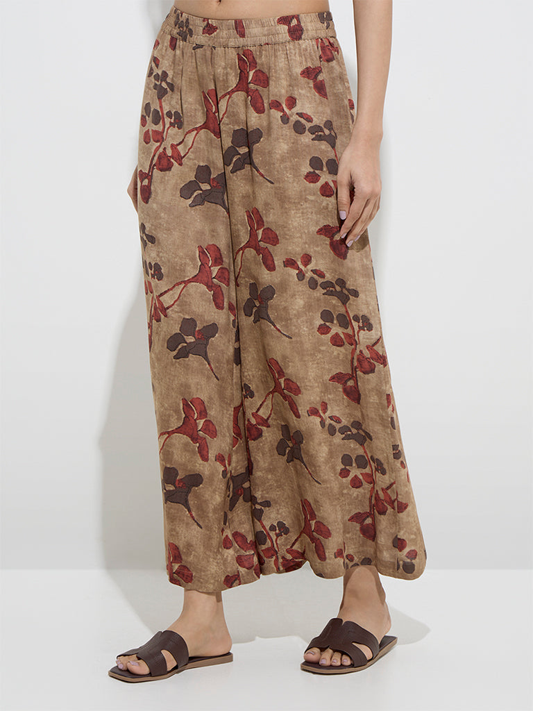 Utsa Beige Floral Printed Palazzos
