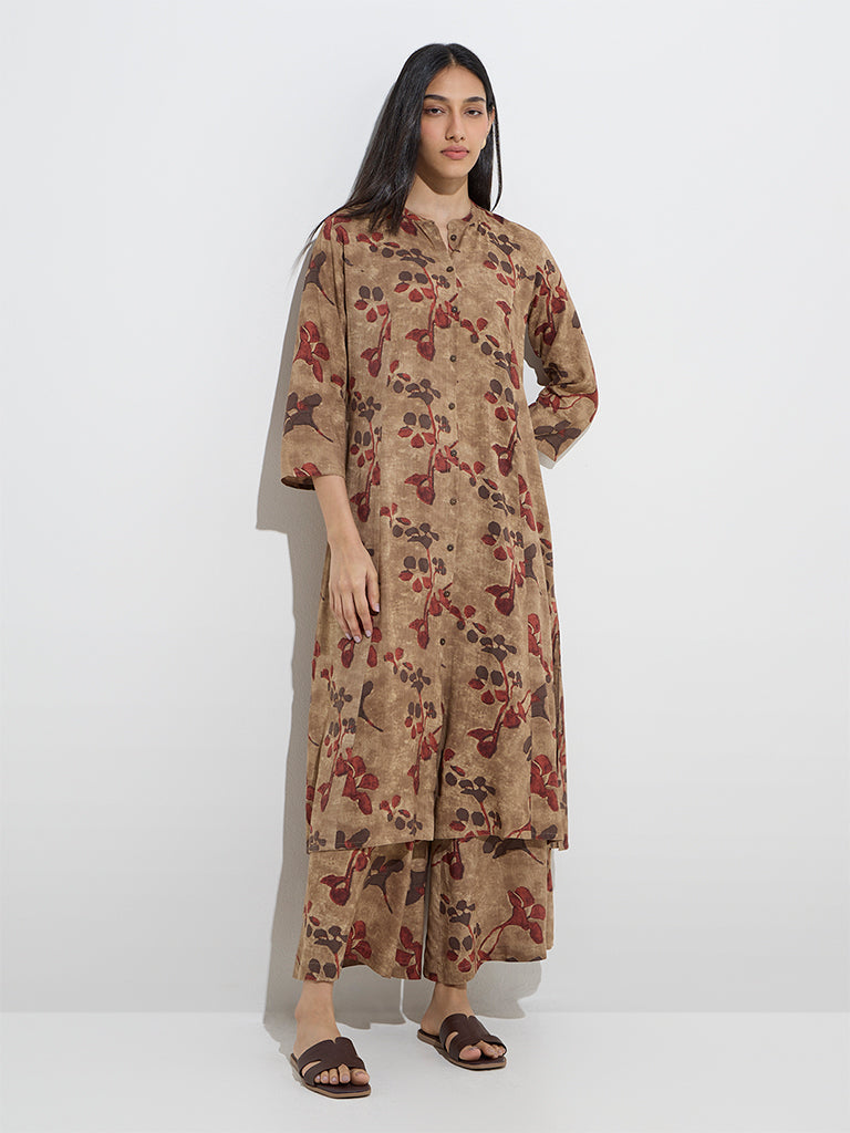 Utsa Beige Floral Printed Palazzos