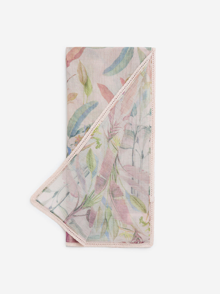 Zuba Dusty Pink Botanical Print Cotton-Blend Dupatta