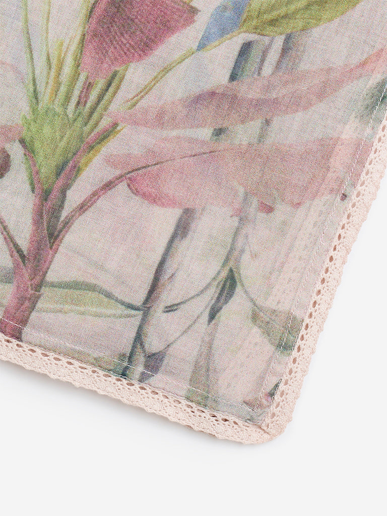 Zuba Dusty Pink Botanical Print Cotton-Blend Dupatta