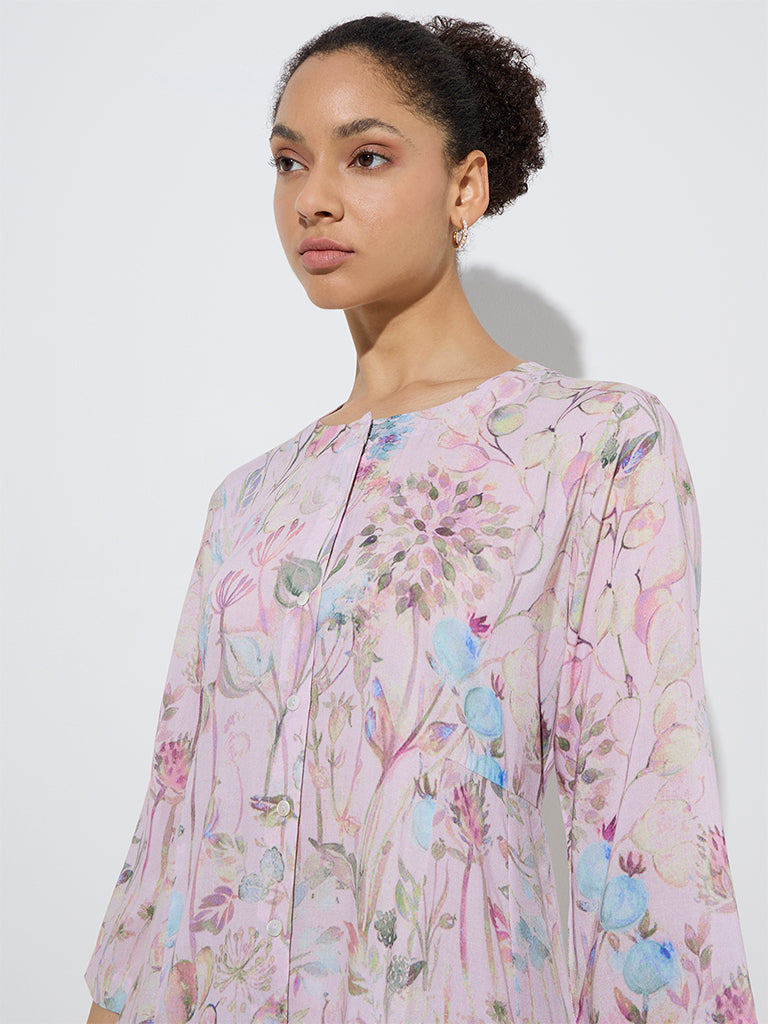 Zuba Pink Botanical Design A-Line Kurta