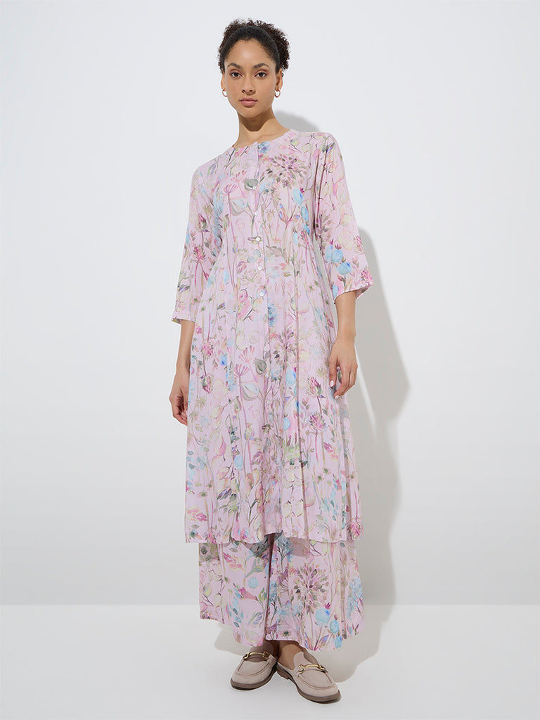 Zuba Pink Botanical Design A-Line Kurta