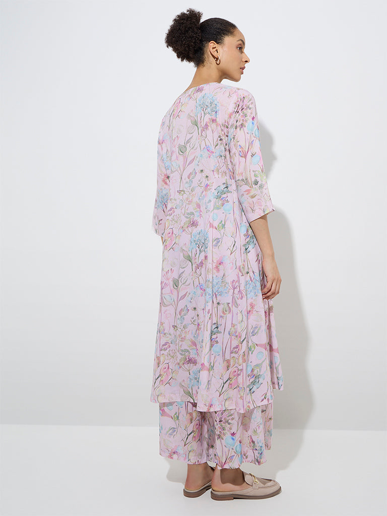 Zuba Pink Botanical Design A-Line Kurta