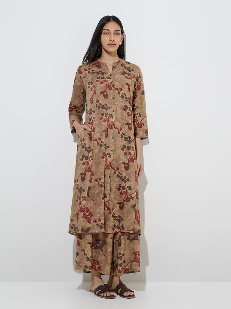 Utsa Beige Floral Printed A-Line Kurta