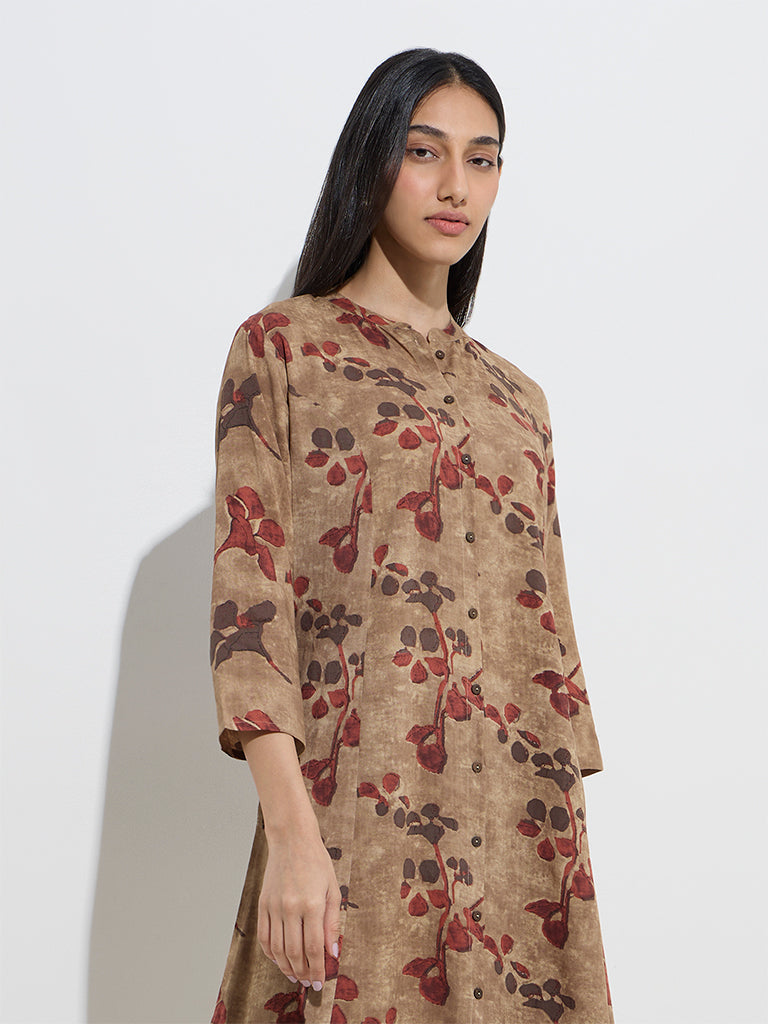 Utsa Beige Floral Printed A-Line Kurta