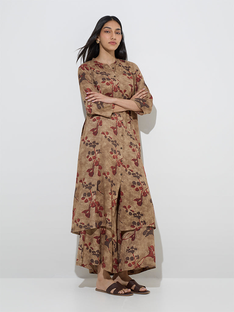 Utsa Beige Floral Printed A-Line Kurta