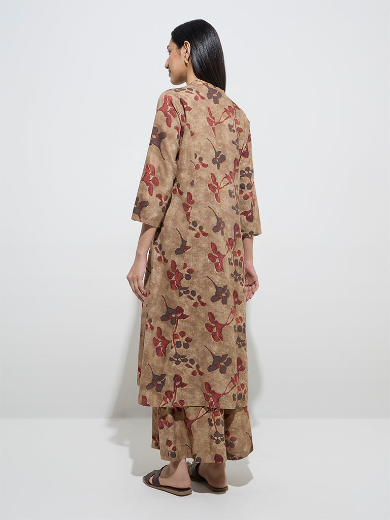 Utsa Beige Floral Printed A-Line Kurta