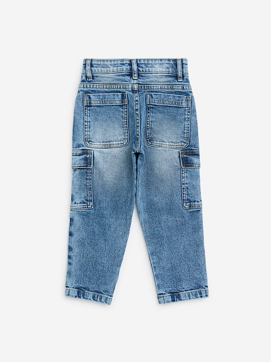 HOP Kids Blue Faded Cargo-Style Straight-Fit Mid-Rise Jeans