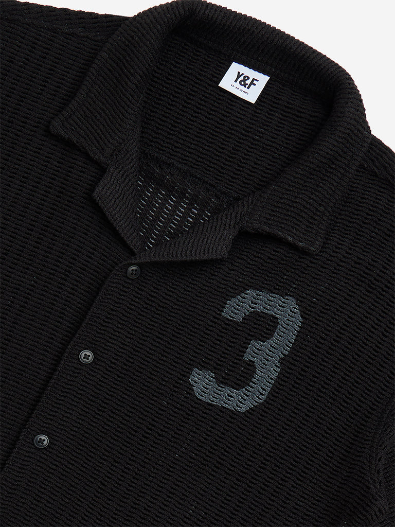 Y&F Kids Black Knitted Resort-Fit Cotton-Blend Shirt