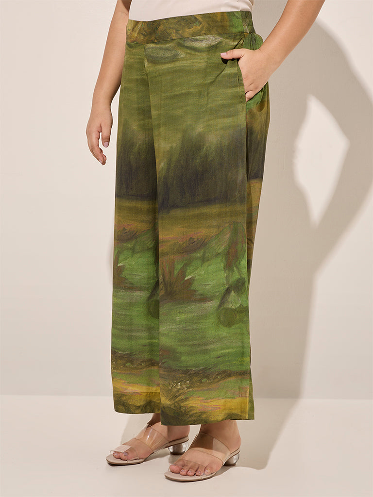 Diza Green Abstract Printed Palazzos