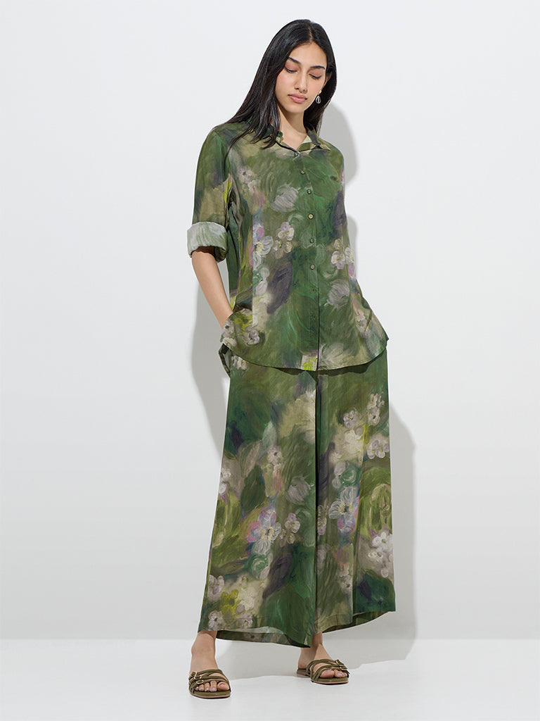 Utsa Dark Green Watercolour Floral Print Ethnic Tunic
