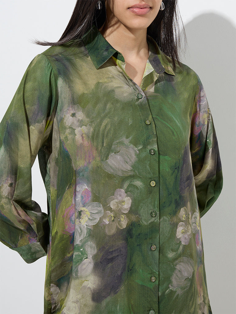 Utsa Dark Green Watercolour Floral Print Ethnic Tunic