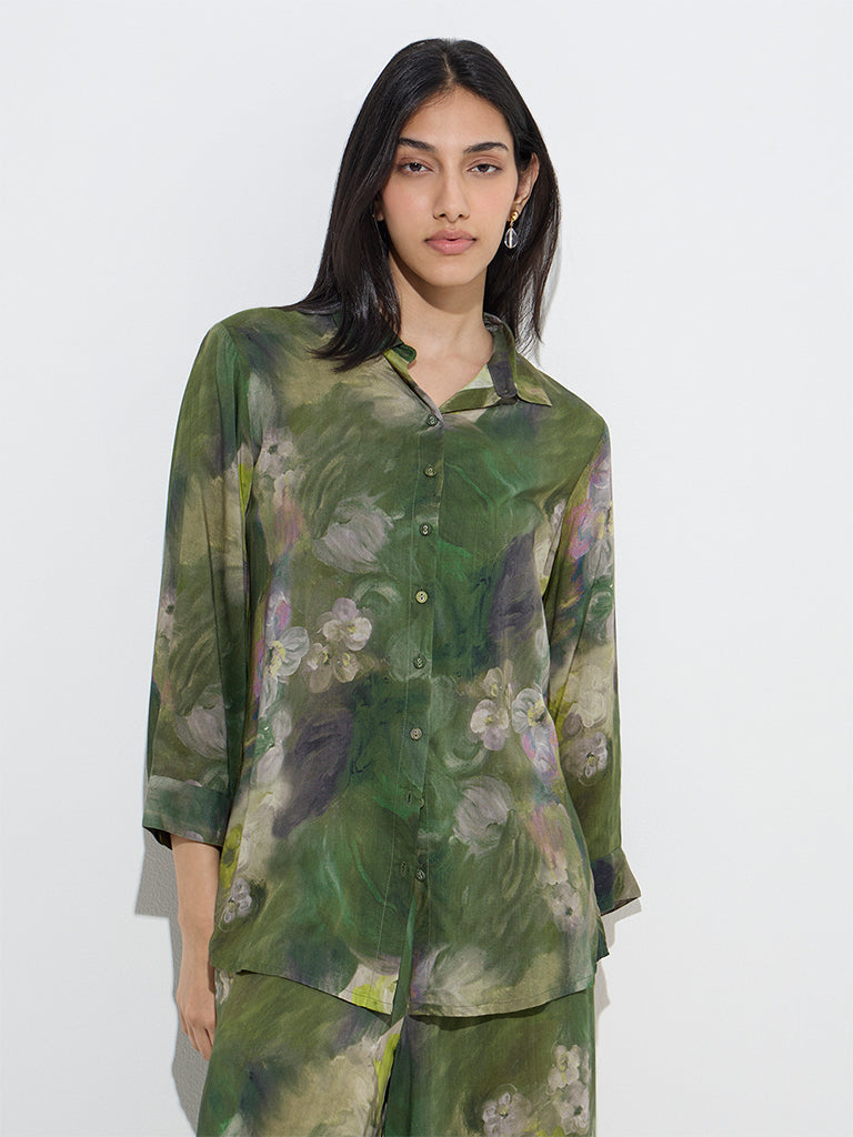 Utsa Dark Green Watercolour Floral Print Ethnic Tunic