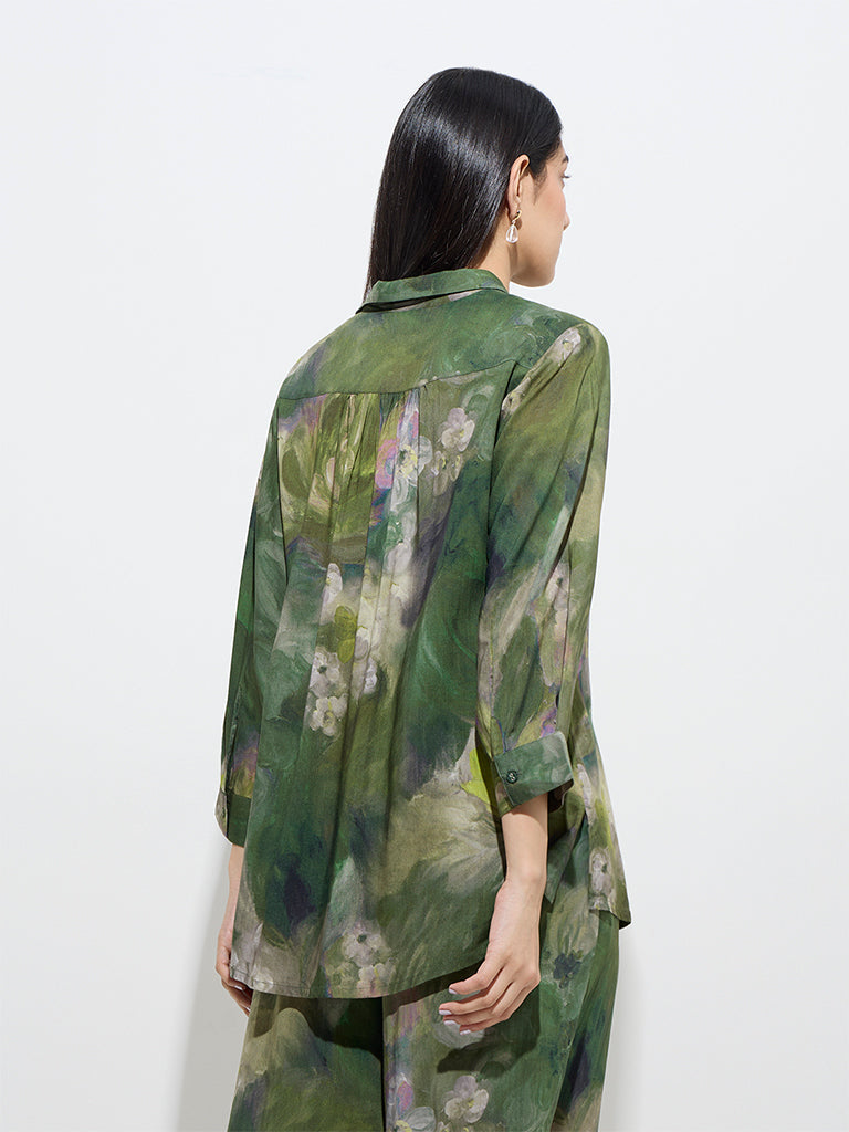 Utsa Dark Green Watercolour Floral Print Ethnic Tunic