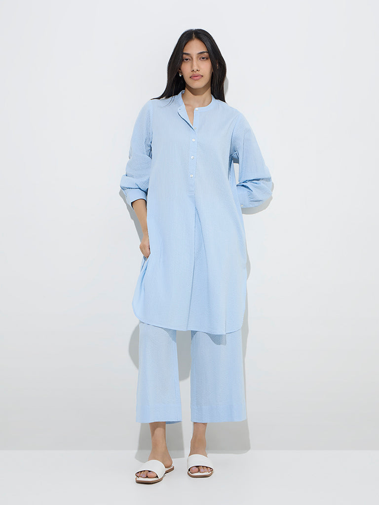 Utsa Light Blue Seersucker Striped Cotton A-Line Kurta