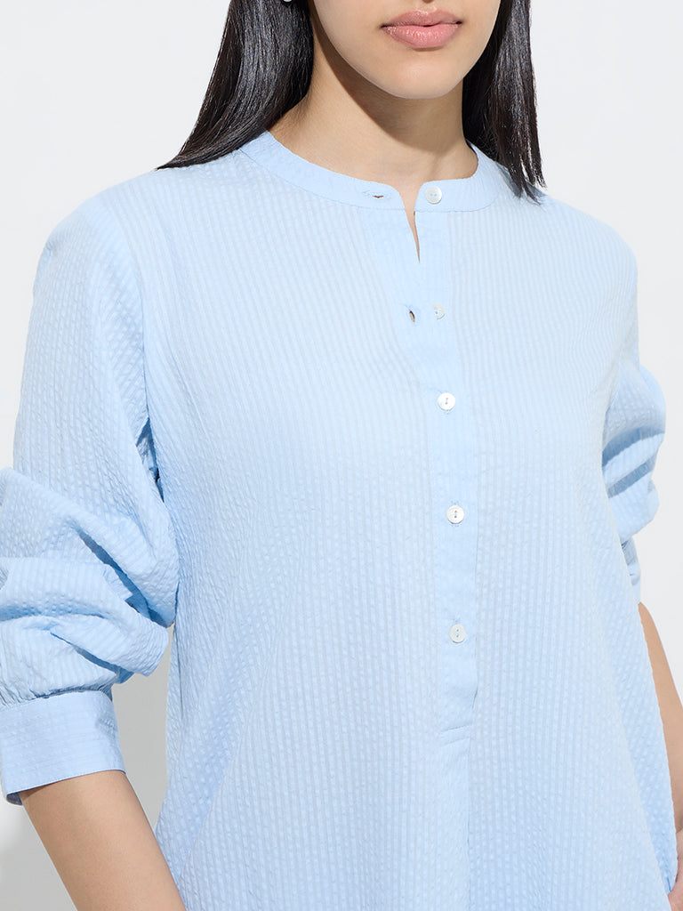 Utsa Light Blue Seersucker Striped Cotton A-Line Kurta