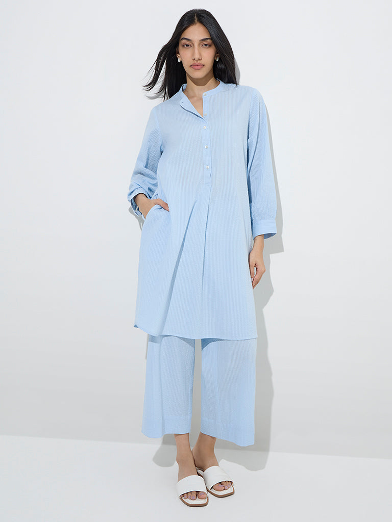 Utsa Light Blue Seersucker Striped Cotton A-Line Kurta