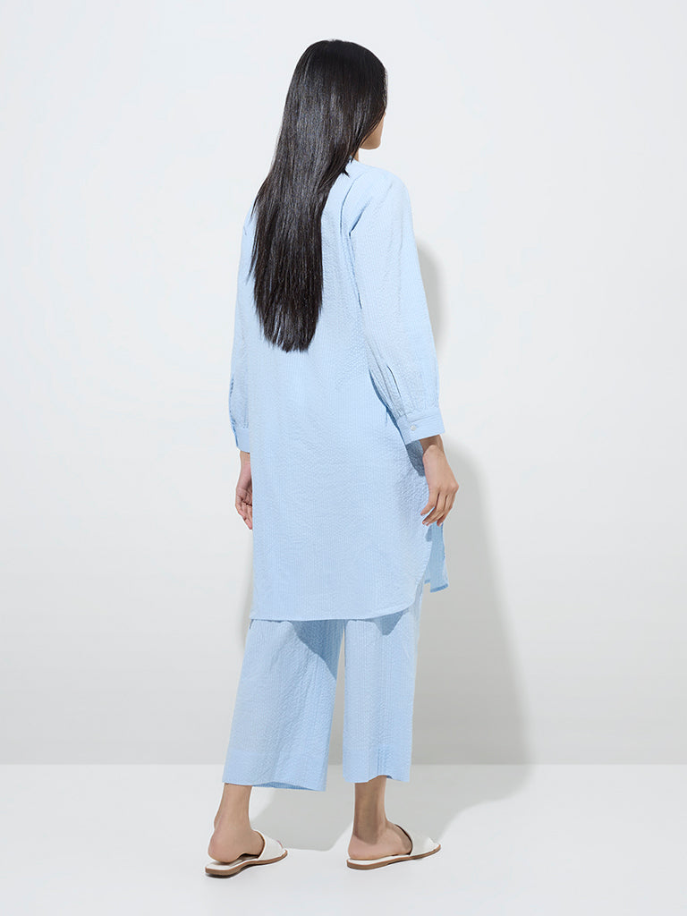 Utsa Light Blue Seersucker Striped Cotton A-Line Kurta