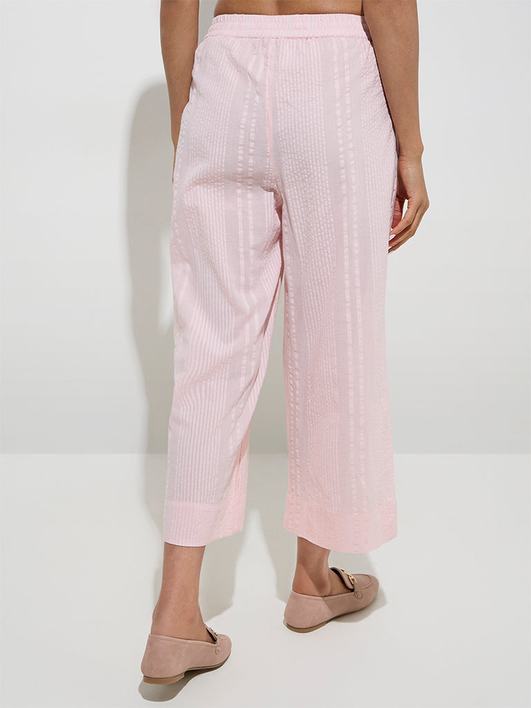 Zuba Pink Seersucker Striped Cotton Ethnic Pants