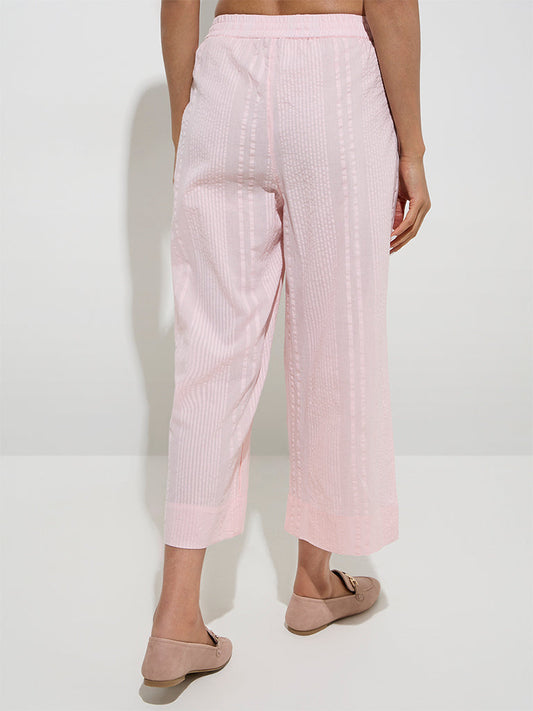 Zuba Pink Seersucker Striped Cotton Ethnic Pants