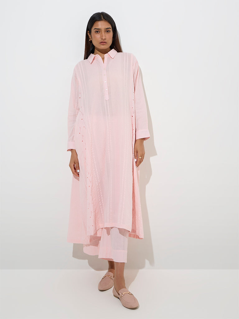Zuba Pink Seersucker Striped Cotton Ethnic Pants