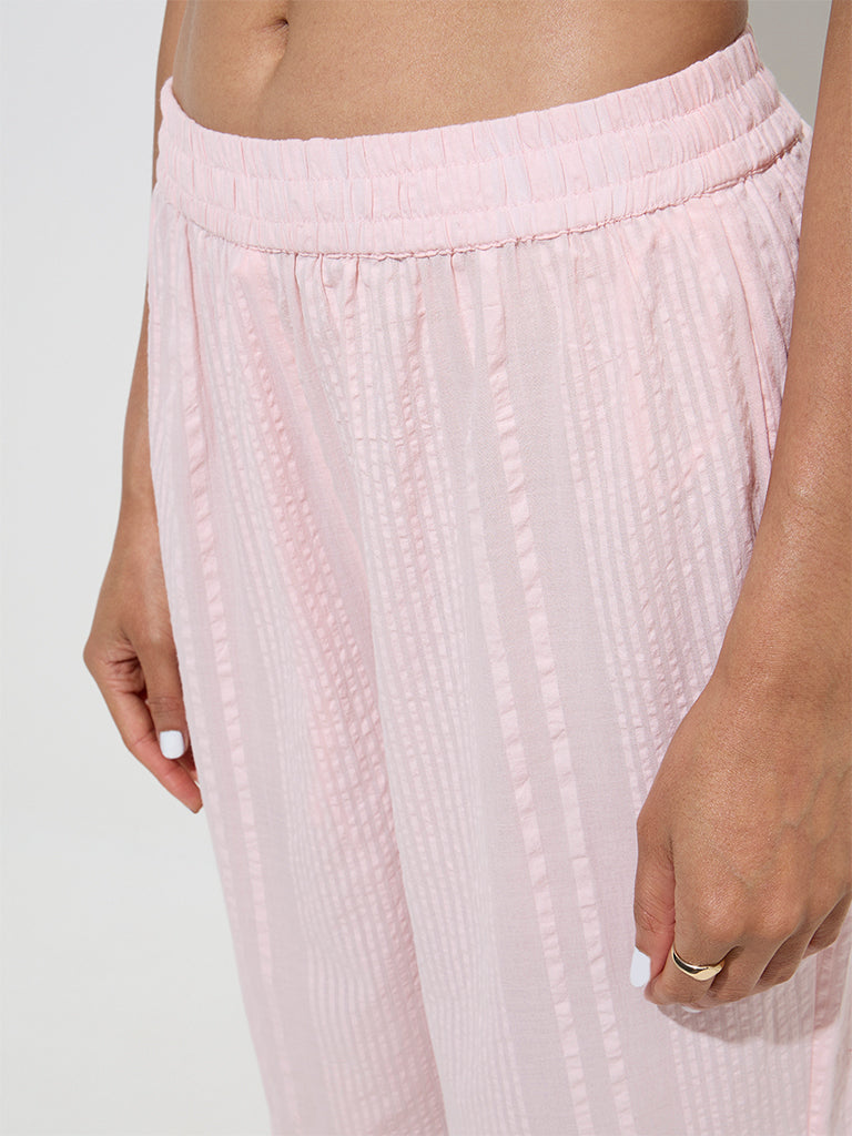 Zuba Pink Seersucker Striped Cotton Ethnic Pants