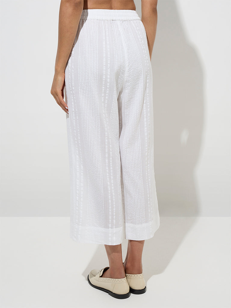 Zuba White Seersucker Striped Cotton Ethnic Pants