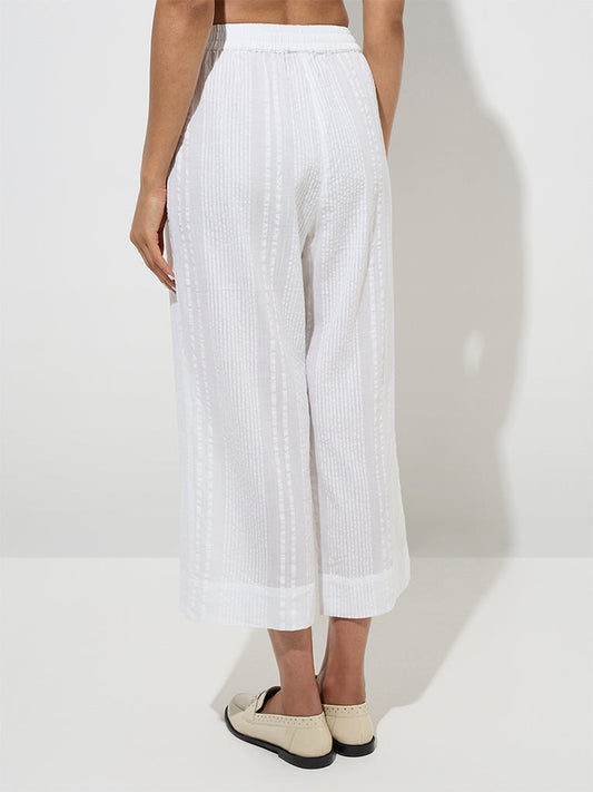 Zuba White Seersucker Striped Cotton Ethnic Pants