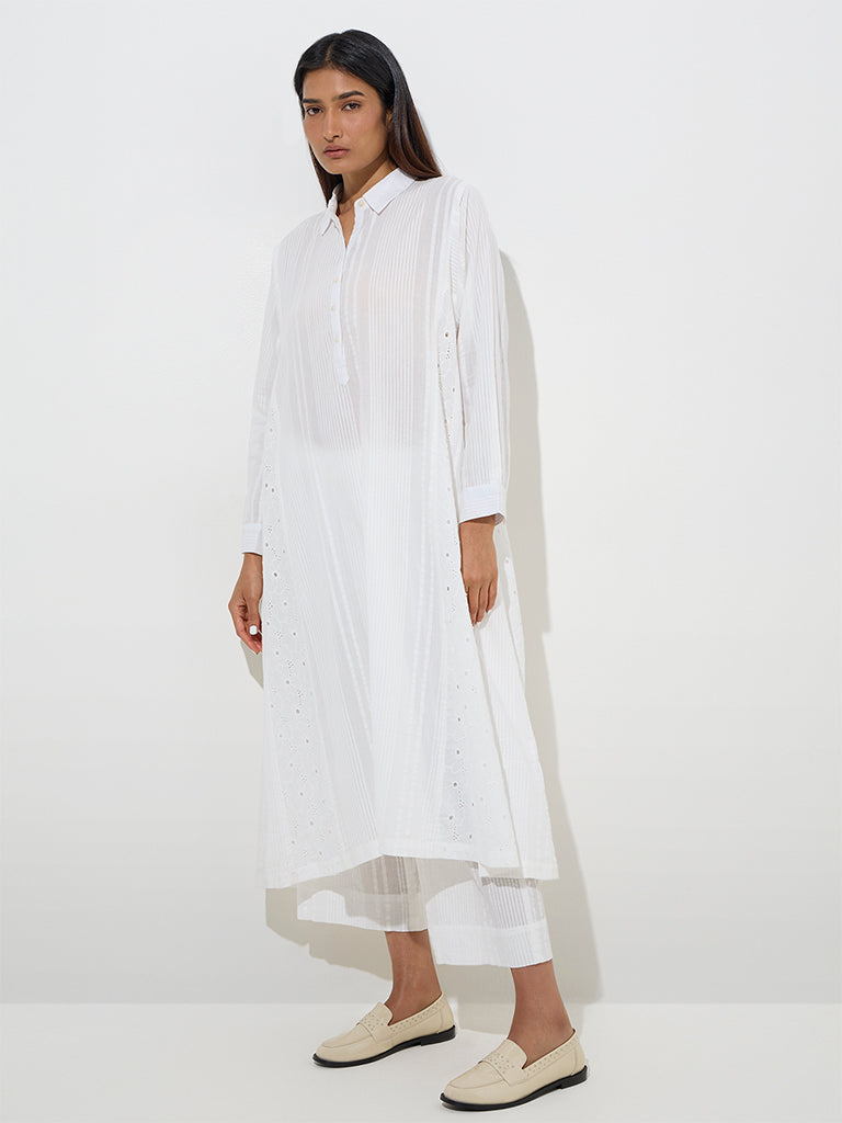 Zuba White Seersucker Striped Cotton Ethnic Pants