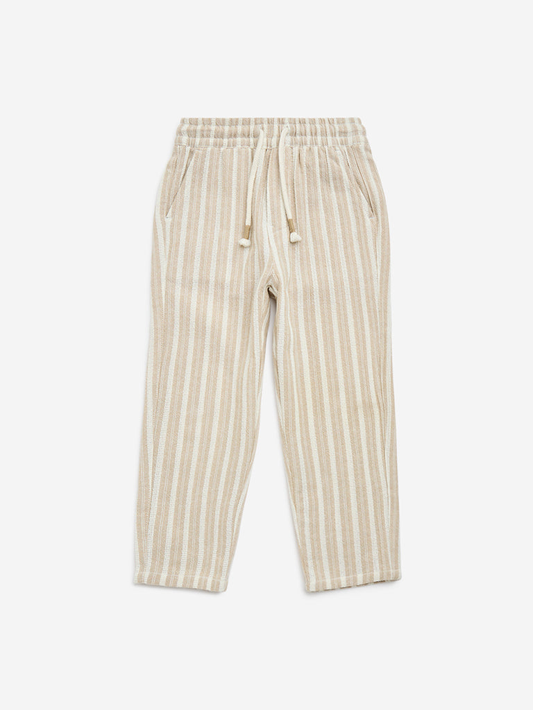 HOP Kids Beige Striped Mid-Rise Cotton Pants