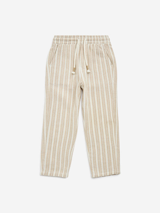 HOP Kids Beige Striped Mid-Rise Cotton Pants