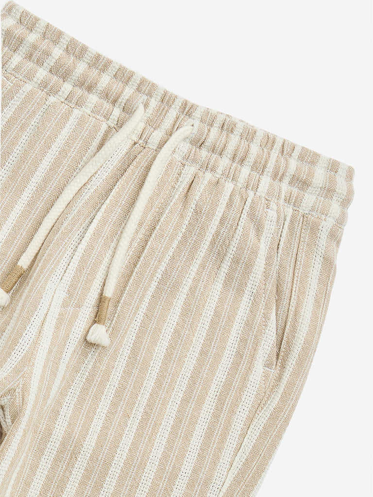 HOP Kids Beige Striped Mid-Rise Cotton Pants