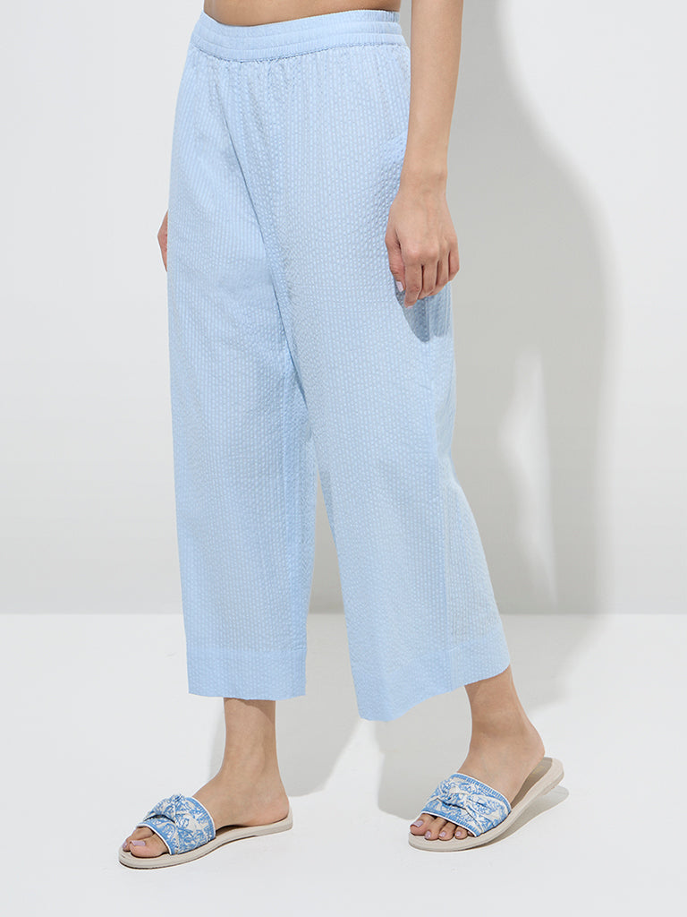 Utsa Light Blue Seersucker Striped Cotton Ethnic Pants