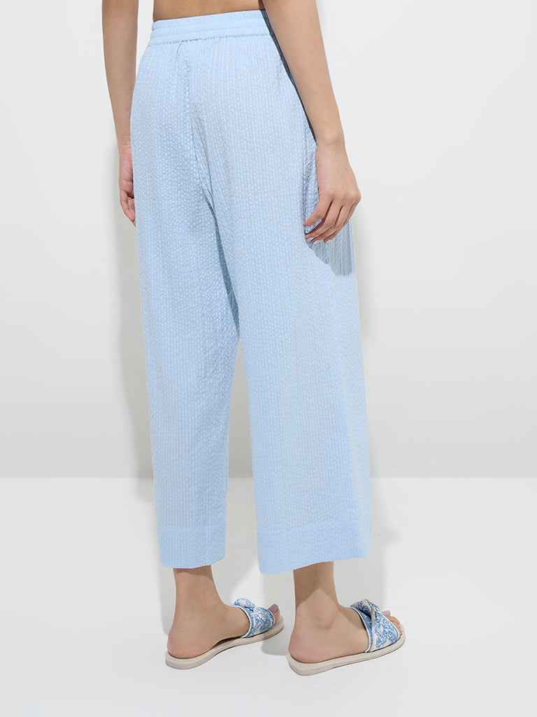 Utsa Light Blue Seersucker Striped Cotton Ethnic Pants