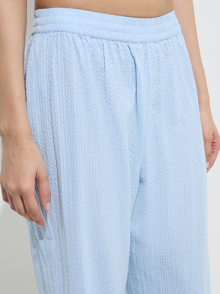 Utsa Light Blue Seersucker Striped Cotton Ethnic Pants