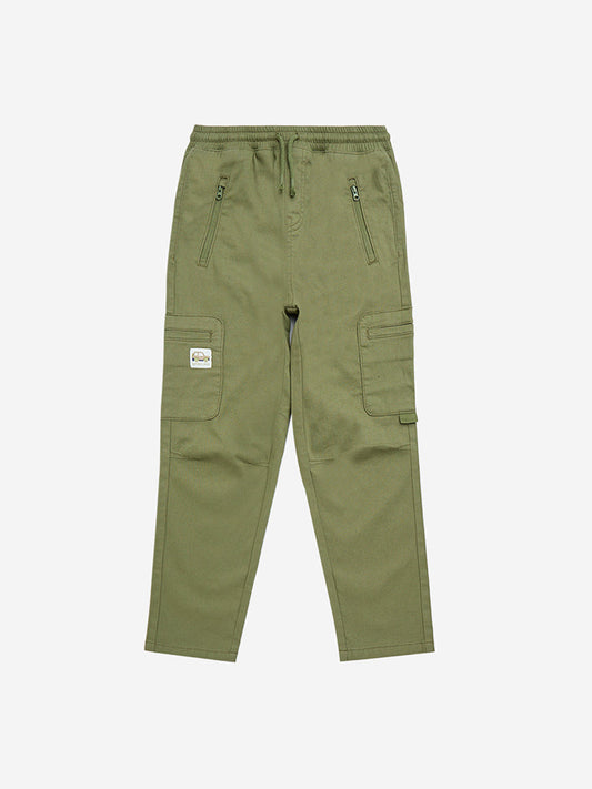 HOP Kids Olive Cotton-Blend Mid-Rise Trousers