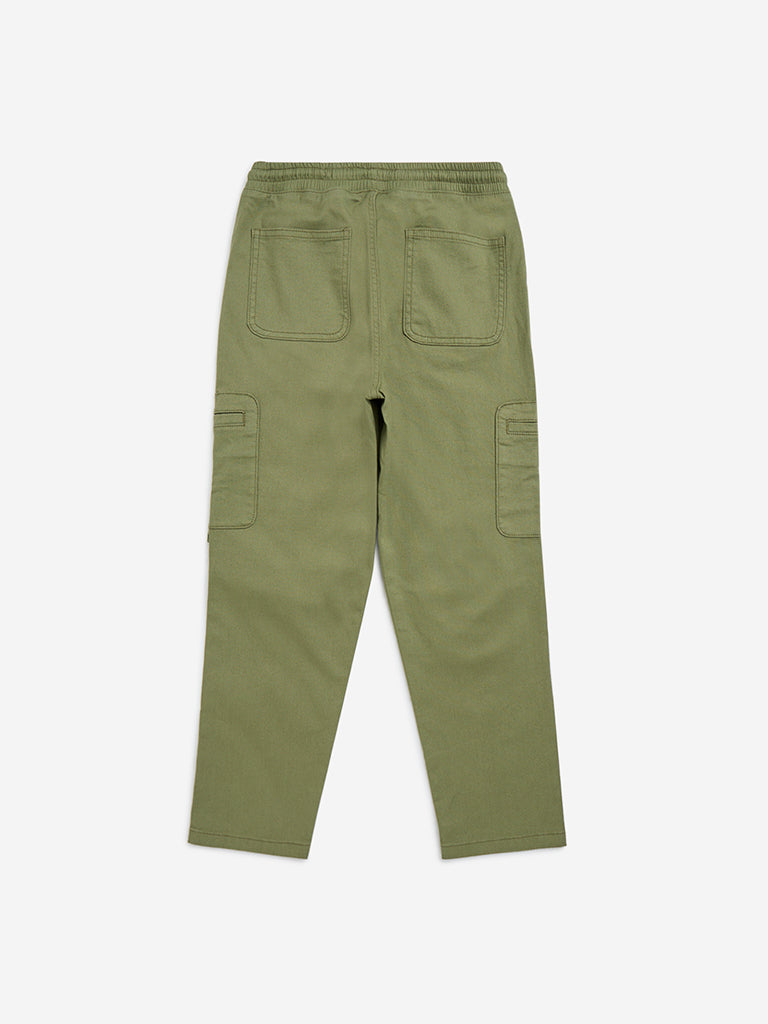 HOP Kids Olive Cotton-Blend Mid-Rise Trousers