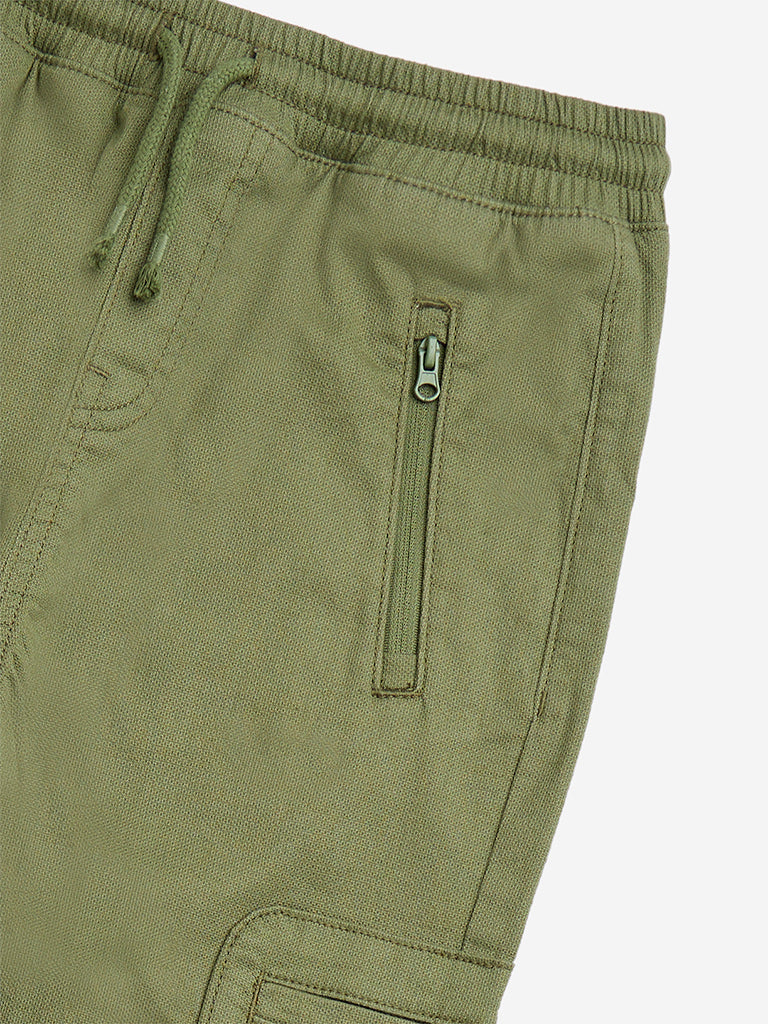 HOP Kids Olive Cotton-Blend Mid-Rise Trousers