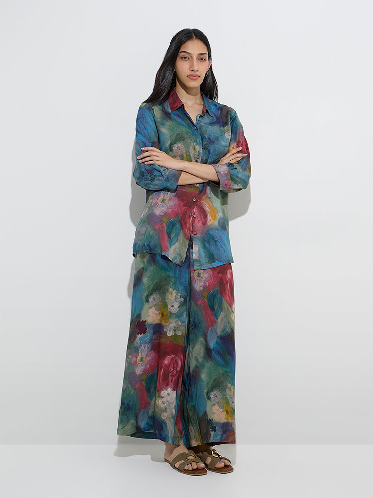 Utsa Blue Watercolour Floral Design Palazzos