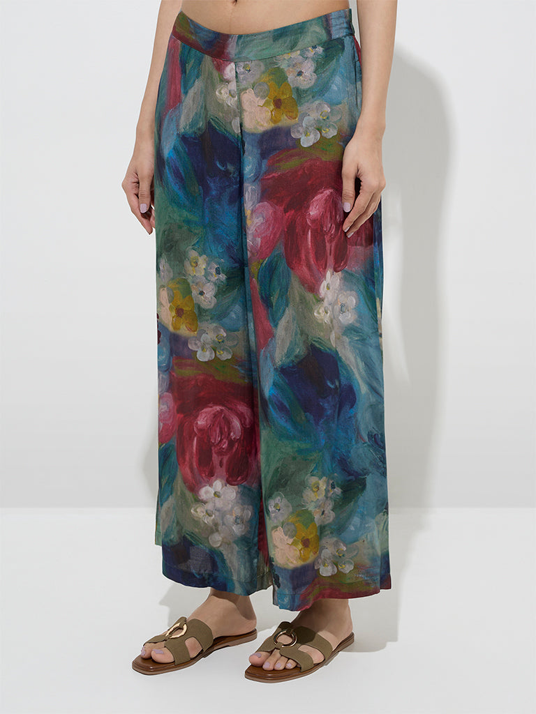 Utsa Blue Watercolour Floral Design Palazzos