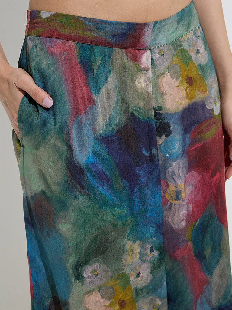 Utsa Blue Watercolour Floral Design Palazzos