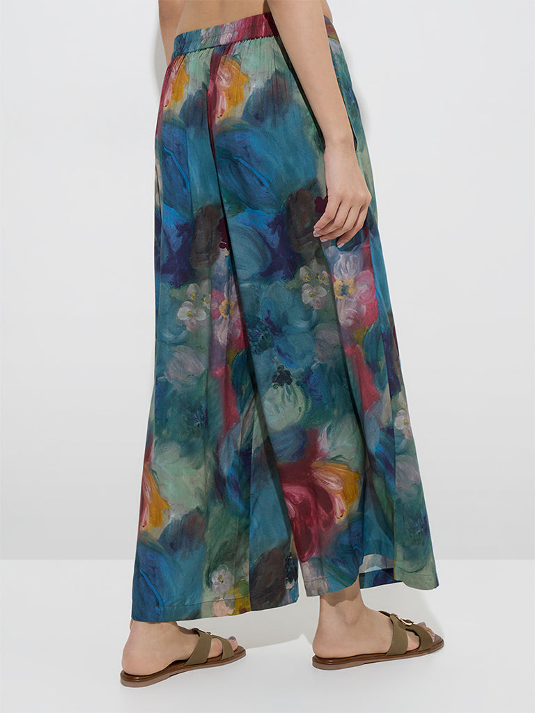 Utsa Blue Watercolour Floral Design Palazzos