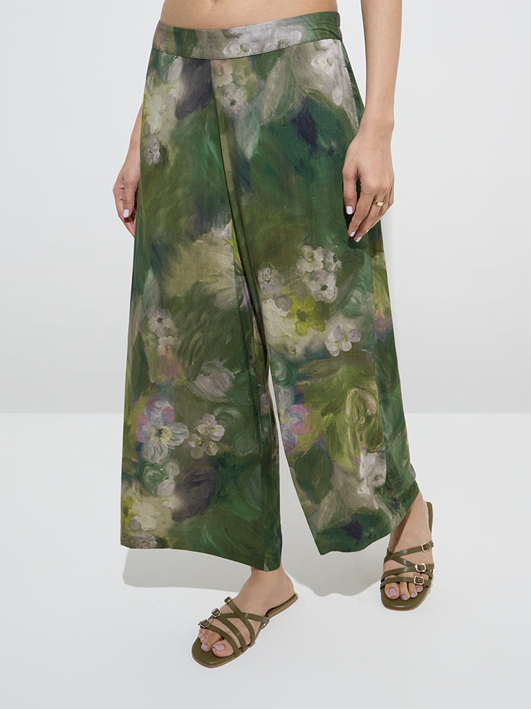 Utsa Dark Green Watercolour Floral Design Palazzos