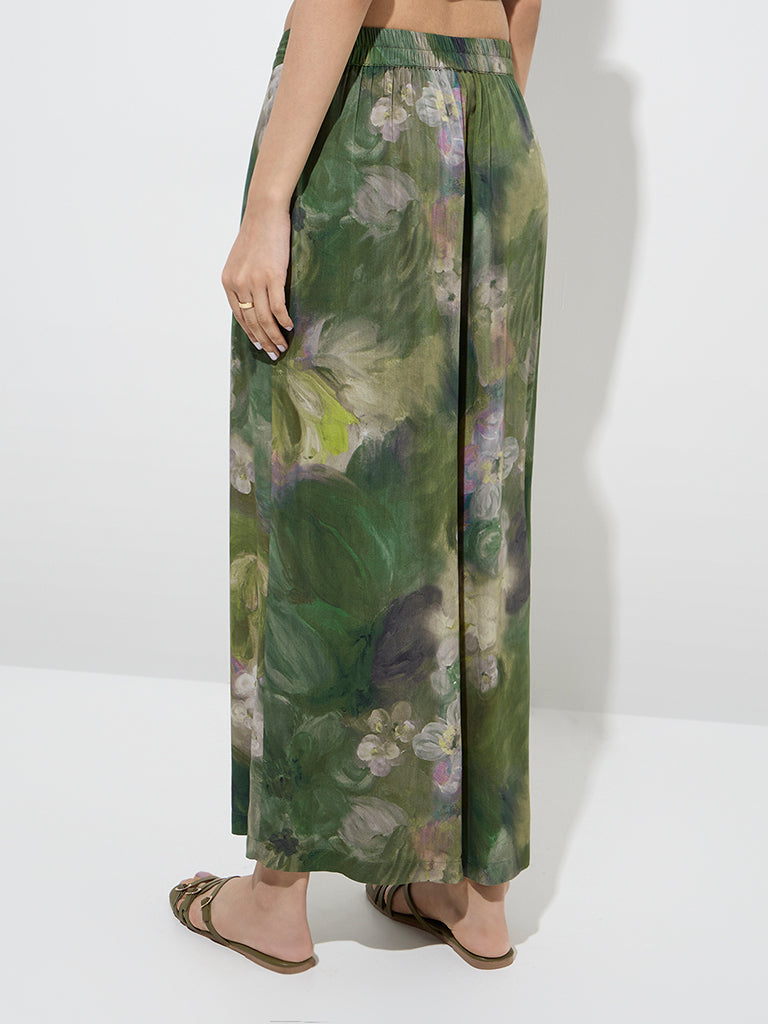 Utsa Dark Green Watercolour Floral Design Palazzos