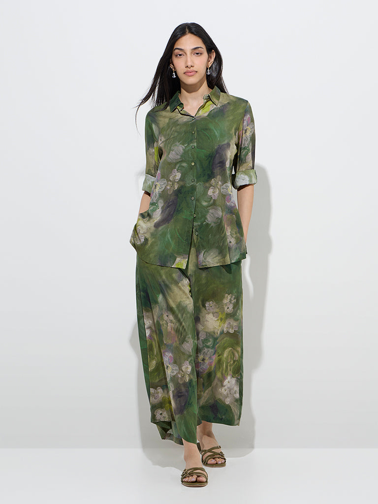 Utsa Dark Green Watercolour Floral Design Palazzos