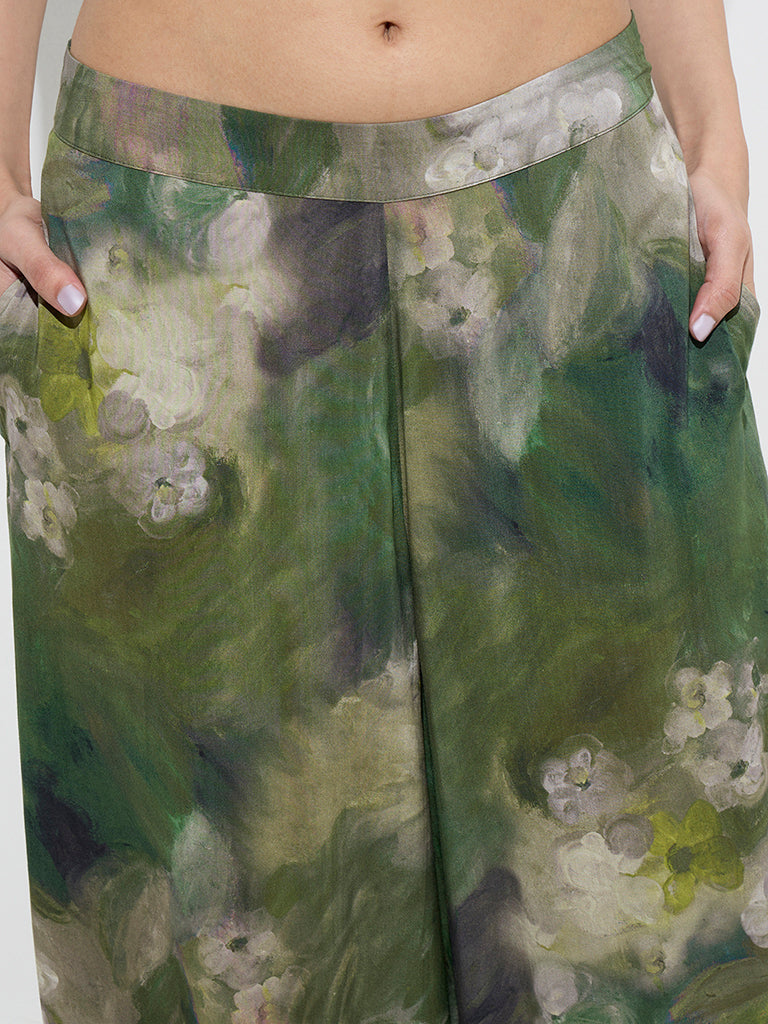 Utsa Dark Green Watercolour Floral Design Palazzos