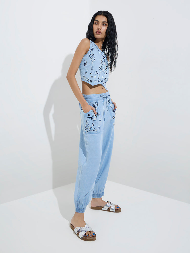 Bombay Paisley Blue Embroidered Harem-Style Cotton Joggers
