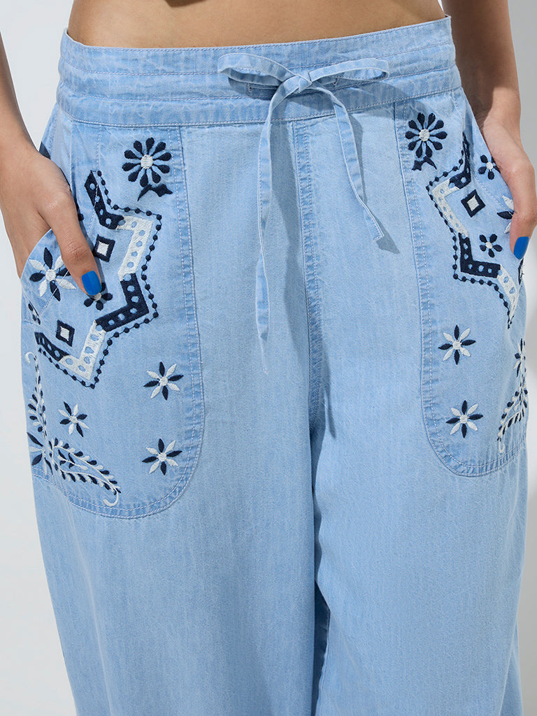Bombay Paisley Blue Embroidered Harem-Style Cotton Joggers